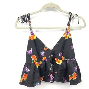 Savage‎ X Fenty Women Small Top Sleep Camisole Cami Cropped Black Floral Ruffle
